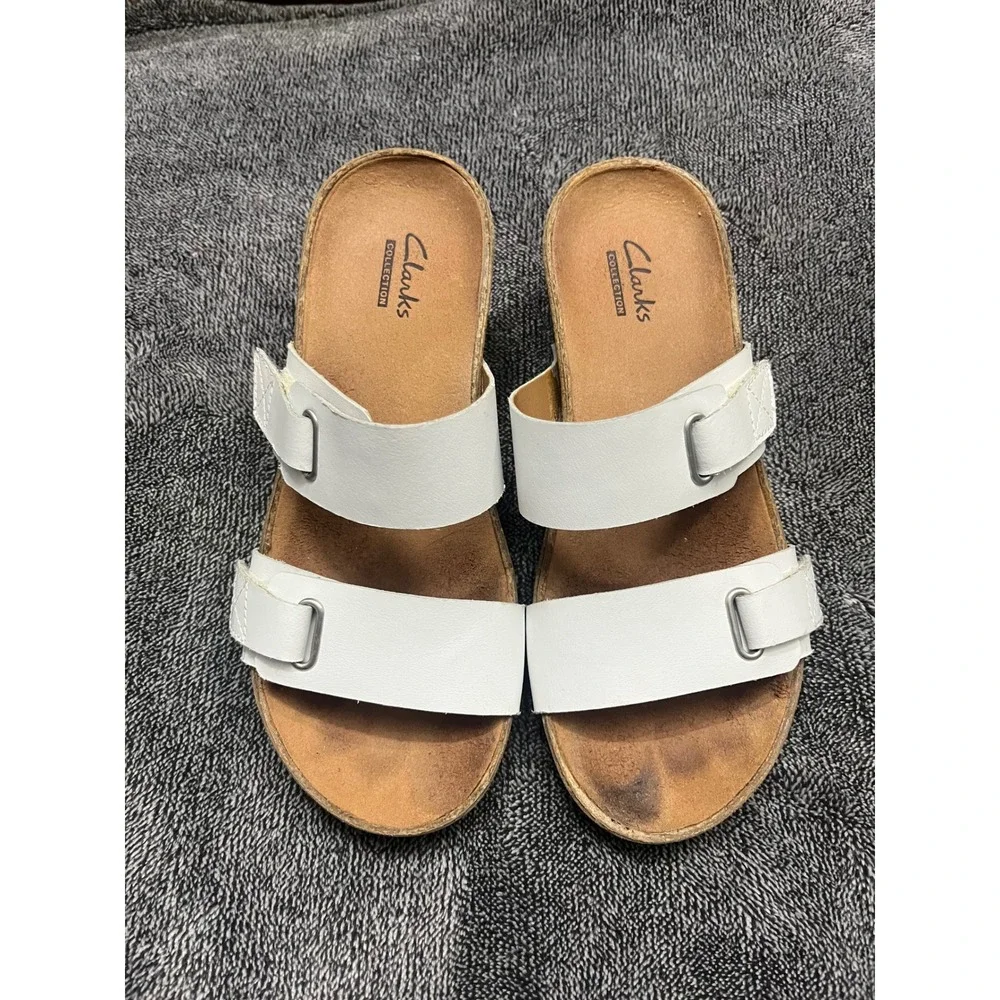 Clarks Collection White Double Strap Wedge Sandals Cork Heel Coastal Preppy Boho